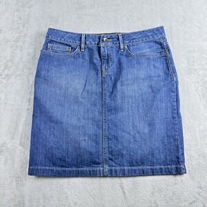 LL Bean Favorite Fit Jeans Skirt Womens 8 Petite Blue Denim Stretch Knee Length